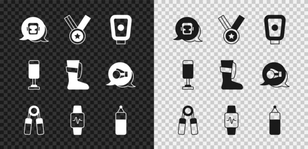 Set Boxing helmet, Medal, training paws, Sport expander, Smart watch with heart, Punching bag, and boxing shoes icon. Vector — Stockvektor