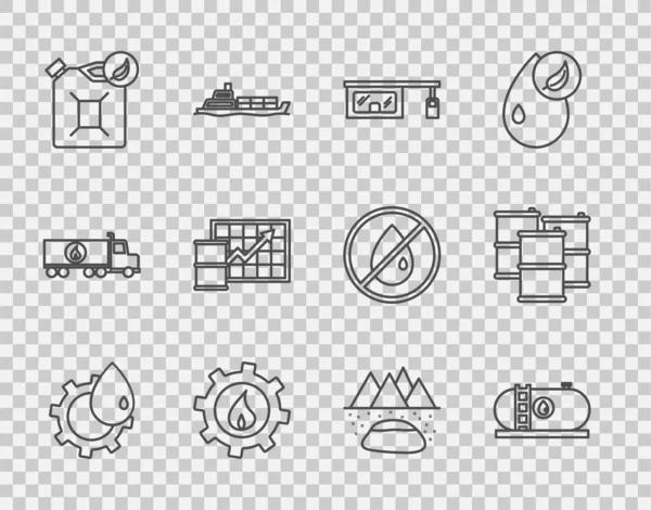 Set line Oil industrial factory building, Gas filling station, Bio fuel canister, price increase, Oilfield and Barrel oil icon. Vector — Image vectorielle
