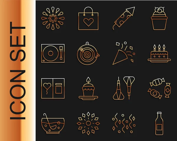 Set line Beer bottle, Candy, Cake with burning candles, Firework rocket, Classic dart board arrow, Vinyl player vinyl disk, and Festive confetti icon. Vector - Stok Vektor