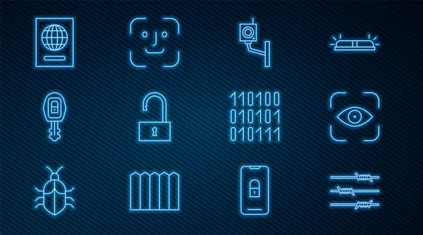 Dikenli tel, göz taraması, güvenlik kamerası, asma kilit, uzaktan kumandalı araba anahtarı, pasaport, ikili kod ve yüz tanıma simgesi. Vektör