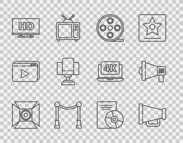 Set line Movie spotlight, Megaphone, Film reel, Carpet with barriers, Smart display HD video, Director movie chair, CD DVD disk and icon. Vector — Stockvektor