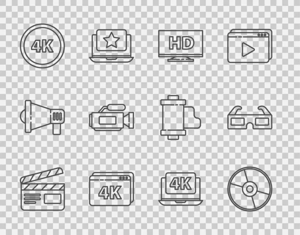 HD video, Online 4k, Ultra, Cinema camera, Laptop ve 3D sinema gözlüğü ikonlu akıllı ekran. Vektör