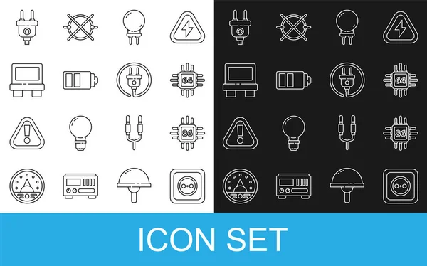 Set line Electrical outlet, Processor with microcircuits CPU, Light emitting diode, Battery charge level indicator, Fuse, plug and icon. Vector — Stock Vector