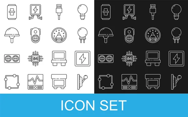 Set line Electrical panel, Lightning bolt, emitting diode, USB cable cord, outlet, light switch and Ampere meter, multimeter, voltmeter icon. Vector — Vettoriale Stock