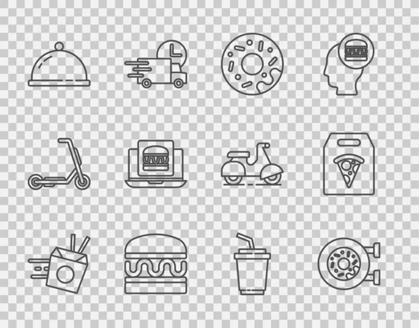 Set line Online ordering noodles delivery, Donut, Burger, Covered with a tray of food, burger, Paper glass water and pizza icon. Vector —  Vetores de Stock