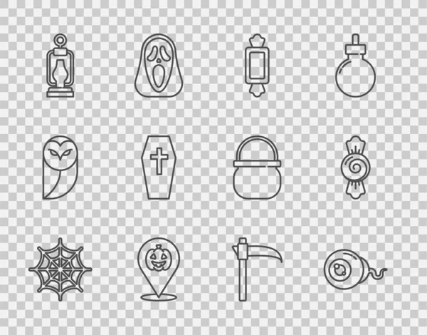 Set line Spider web, Eye, Candy, Pumpkin, Camping lantern, Coffin with cross, Scythe and icon. Vector — стоковий вектор