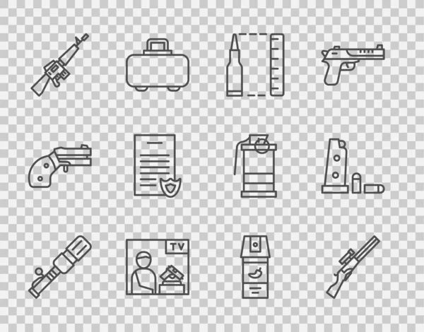 Set line Anti-tank hand grenade, Hunting gun, Bullet, Advertising weapon, M16A1 rifle, Firearms license certificate, Pepper spray and Gun magazine bullets icon. Vector — Stock Vector