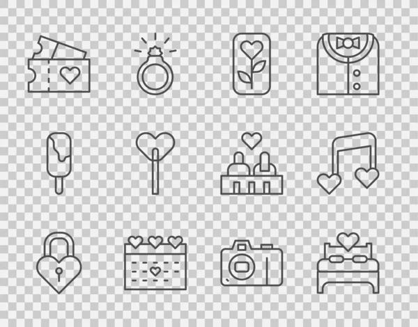 Kale, yatak odası, çiçek gülü, takvim, aşk bileti, lolipop, fotoğraf makinesi ve müzik notası şeklinde bir çizgi çek. Vektör