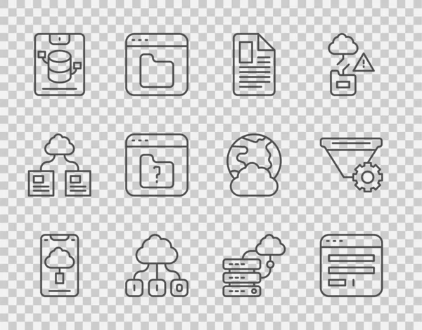 Set line Cloud technology data transfer, Browser window, File document, Server, Data, Web Hosting, missing, Network cloud connection and Filter setting icon. Vector — Stock Vector