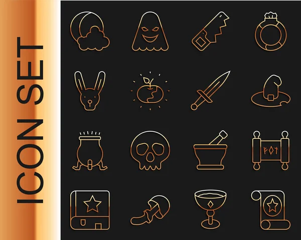 Set line Magic scroll, Witch hat, Hand saw, Poison apple, Rabbit with ears, Moon stars and Dagger icon. Vector - Stok Vektor