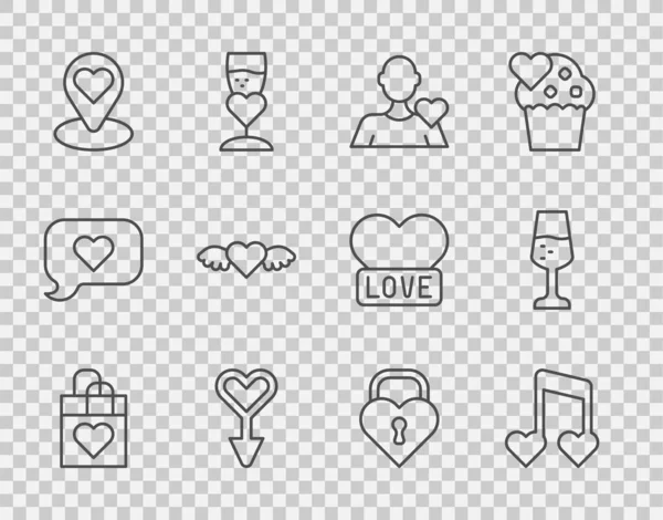 Set line Shopping bag with heart, Music note, tone hearts, Romantic man, Female gender symbol, Location, Heart wings, Castle the shape of and Glass champagne icon. Vector — стоковый вектор