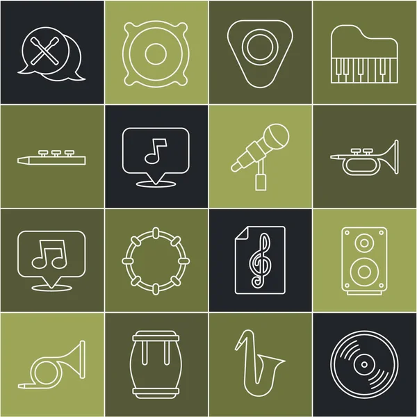 Set line Vinyl disk, Stereo speaker, Trumpet, Guitar pick, Music note, tone, Drum and drum sticks, and Microphone icon. Vector — Stock Vector