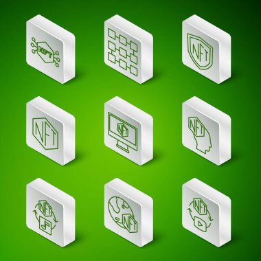 NFT dijital şifreleme sanatı, depolama uygulaması, engelleme zinciri teknolojisi ve simgesi ile izleyici ayarla. Vektör