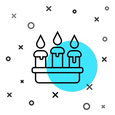 Beyaz arkaplanda izole edilmiş, şamdan simgesinde yanan siyah çizgi. Silindirik mum çubuğu ve yanan ateş. Rastgele dinamik şekiller. Vektör