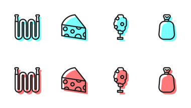 Ağacı elmayla, bahçe hortumuyla, peynirle ve torba ikonuyla dizin. Vektör