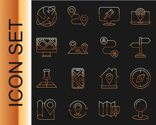 Set line Push pin, Compass, Road traffic sign, Route location, Monitor with map, Satellites orbiting the Earth and icon. Vector — Vector de stock
