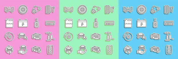 Set line Autoschlüssel mit Fernbedienung, Luftpumpe, Audio, Zahnriemen-Kit, Batterie, Kanister für Benzin, Unfall und Symbol. Vektor — Stockvektor