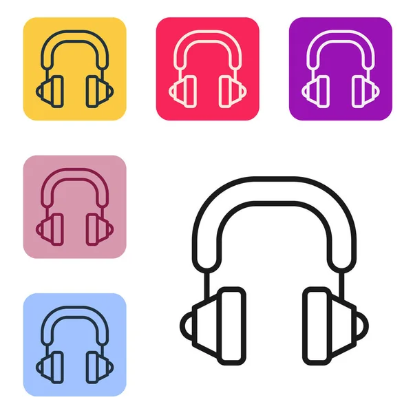 Black Line Kopfhörer Symbol isoliert auf weißem Hintergrund. Kopfhörer. Konzept zum Hören von Musik, Service, Kommunikation und Bedienung. Setzen Sie Symbole in farbigen quadratischen Tasten. Vektor — Stockvektor