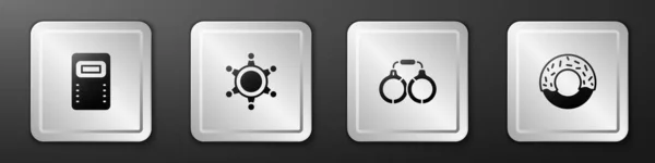 Set Police assault shield, Hexagram sheriff, Handcuffs and Donut icon. Silver square button. Vector — Stockový vektor