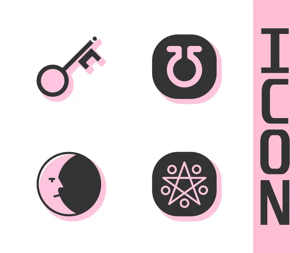 Set Pentagram in a circle, Old key, Moon and Life icon. Vector — ストックベクタ