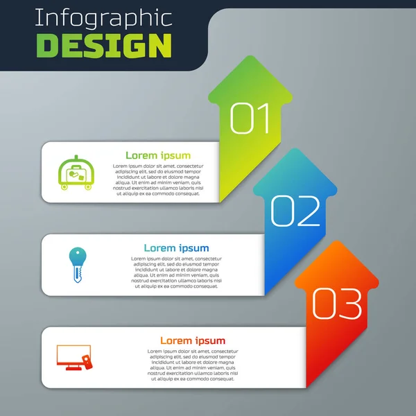 Set Hotel luggage cart, door lock key and Smart Tv. Business infographic template. Vector — 스톡 벡터