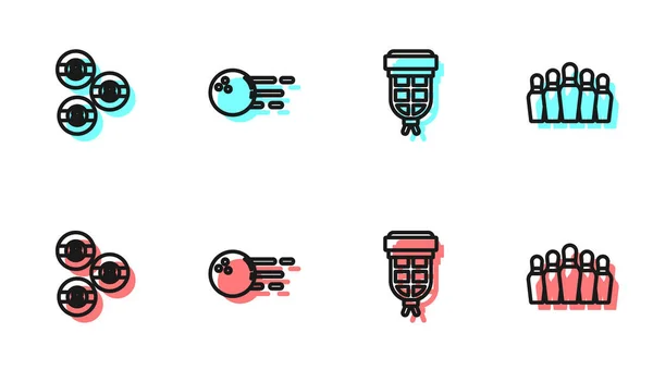 Set line Bolsillo de billar, bola, bolos y pin icono. Vector — Archivo Imágenes Vectoriales