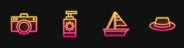 Set line Yacht sailboat, Photo camera, Sunscreen spray bottle and Man hat with ribbon. Glowing neon icon. Vector — Stockvektor