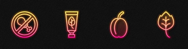 Set line Plum fruit, No meat, Organic cosmetic and Leaf or leaves. Glowing neon icon. Vector — Stockvektor