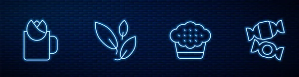 Set line Muffin, Cup of tea with rose, Tea leaf and Candy. Glowing neon icon on brick wall. Vector — Archivo Imágenes Vectoriales