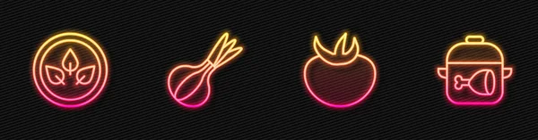 Set line Tomato, Vegan food diet, Onion and Cooking pot and chicken leg. Glowing neon icon. Vector — Stok Vektör