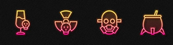 Set line Gas mask, Poisoned alcohol, Radioactive and Witch cauldron. Glowing neon icon. Vector — Stockvektor