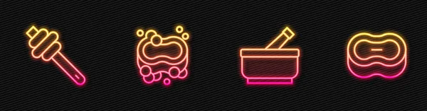 Set line Mortar and pestle, Honey dipper stick, Bar of soap and . Glowing neon icon. Vector — стоковый вектор