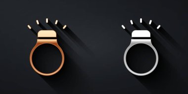 Altın ve gümüş elmas yüzük simgesi siyah arkaplanda izole edilmiş. Uzun gölge tarzı. Vektör