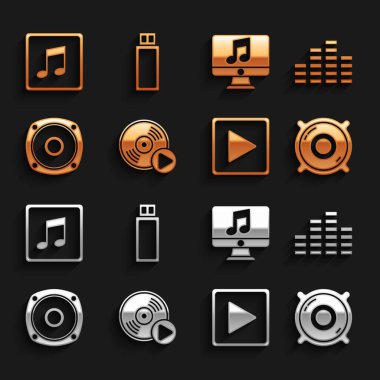 Set Vinyl disk, Music equalizer, Stereo speaker, Play square, Computer with music note, note, tone and USB flash drive icon. Vector