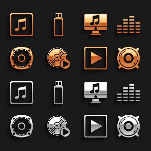 Set Vinyl disk, Music equalizer, Stereo speaker, Play square, Computer with music note, note, tone and USB flash drive icon. Vector — Vector de stock