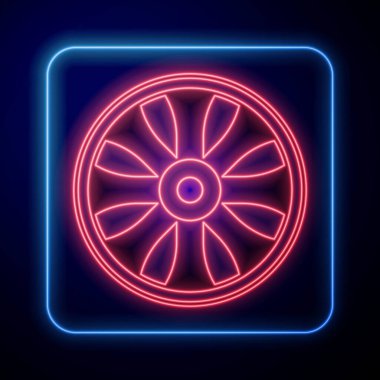 Siyah arkaplanda izole edilmiş araba simgesi için parlayan neon alloy tekerleği. Vektör