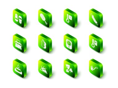 Sauna fırçasını, termometreyi, çamaşır bezini, kepçeyi, meşe yaprağını ve kamp ateşi ikonunu hazırlayın. Vektör