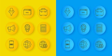 Hat cep telefonu optimizasyonu, Megaphone, yıldız madalyası, dünya küresi doları, hesap makinesi, huni okları, evrak çantası ve web sitesi şablon ikonu. Vektör