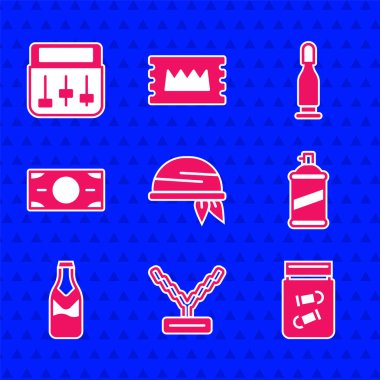 Bandana, rapçi zinciri, kurşun dolu kanıt torbası, boya spreyi, bira şişesi, kağıt para yığını, kurşun ve davul makinesi müzik ikonu. Vektör