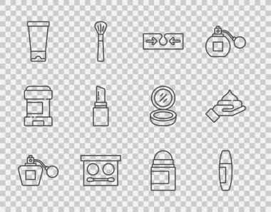 Perfume, Mascara fırçası, Sivilce, Göz farı paleti, Krem veya losyon kozmetik tüp, Ruj, Terleme önleyici deodorant rulo ve ikon. Vektör