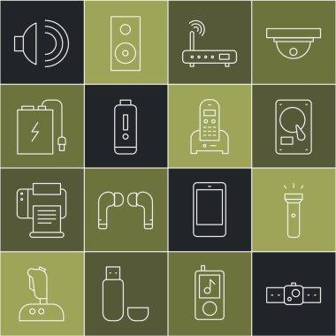 Hattı Smartwatch Flashlight sabit disk sürücüsü HDD Router ve kablo hoparlör sesi ve telefon ikonu ile Pil şarj seviyesindeki güç göstergesini ayarla. Vektör.