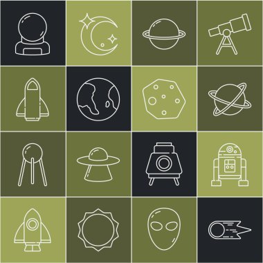 Kuyrukluyıldızın hızla düşmesi, Robot, uydu, Satürn gezegeni, dünya küresi, roket gemisi, astronot miğferi ve göktaşı ikonu. Vektör