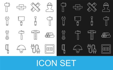 Elektrik prizi, endüstriyel metalik boru, çekiç, çapraz cetvel, macun bıçağı, anahtarlık, tahta balta ve tornavida ikonu. Vektör
