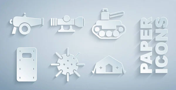 Set Naval mine, Military tank, assault shield, medical tent, Sniper optical sight and Cannon icon. Vector — Stok Vektör