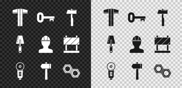Set T-square line, Old key, Hammer, Angle grinder, Hexagonal metal nut, Trowel and Worker safety helmet icon. Vector — Stockvektor