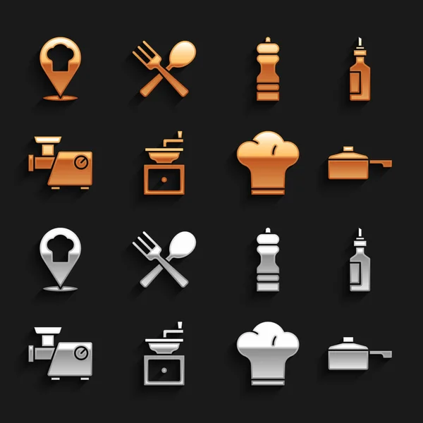 Set Manual coffee grinder, Bottle olive oil, Frying pan, Chef hat, Kitchen meat, Pepper, with location and Crossed fork and spoon icon. Vector — Stok Vektör
