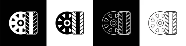 Set Car tire wheel icon isolated on black and white background. Vector — Vettoriale Stock