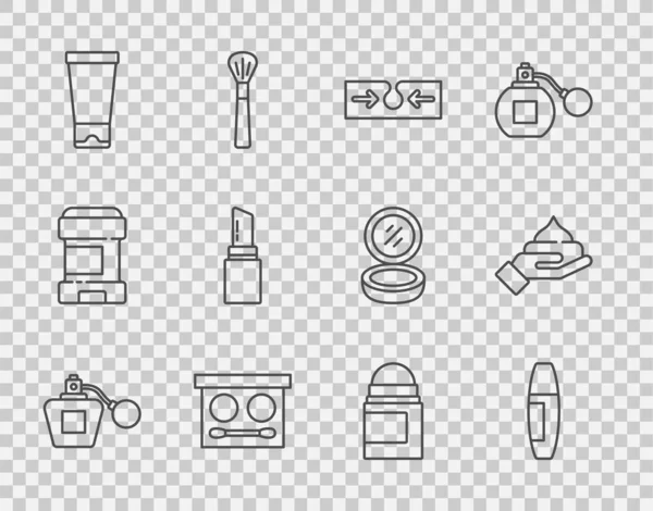 Perfume, Mascara fırçası, Sivilce, Göz farı paleti, Krem veya losyon kozmetik tüp, Ruj, Terleme önleyici deodorant rulo ve ikon. Vektör