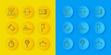 Hat Stopwatch, biber paketi, kızartma tavası, pişirme tenceresi, et helikopteri, pullar, mikrodalga fırın ve hamur ikonunun üzerine raptiye. Vektör