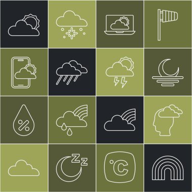 Çizgi Gökkuşağı, Adam 'ın baş ağrısı, Günbatımı, Hava tahminleri, Yağmurlu Bulut, Bulut ve Fırtına ikonu. Vektör